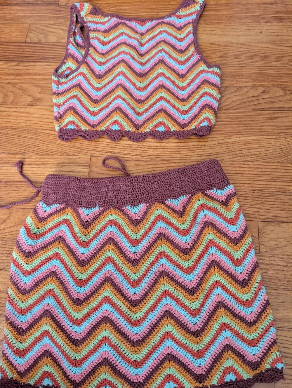 Brown Multi Crochet Chevron Mini Skirt And Crop Top Set Boho Festival - Picture 6 of 6